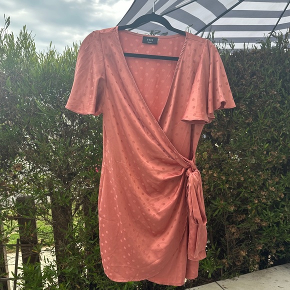 Vici Pink Satin Polka Dot Wrap Dress - Picture 4 of 4